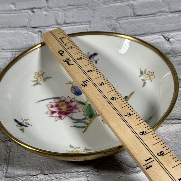 Vintage White Pink Butterfly Porcelain Brass Style Metal Trinket Bowl Hong Kong - Picture 10 of 14